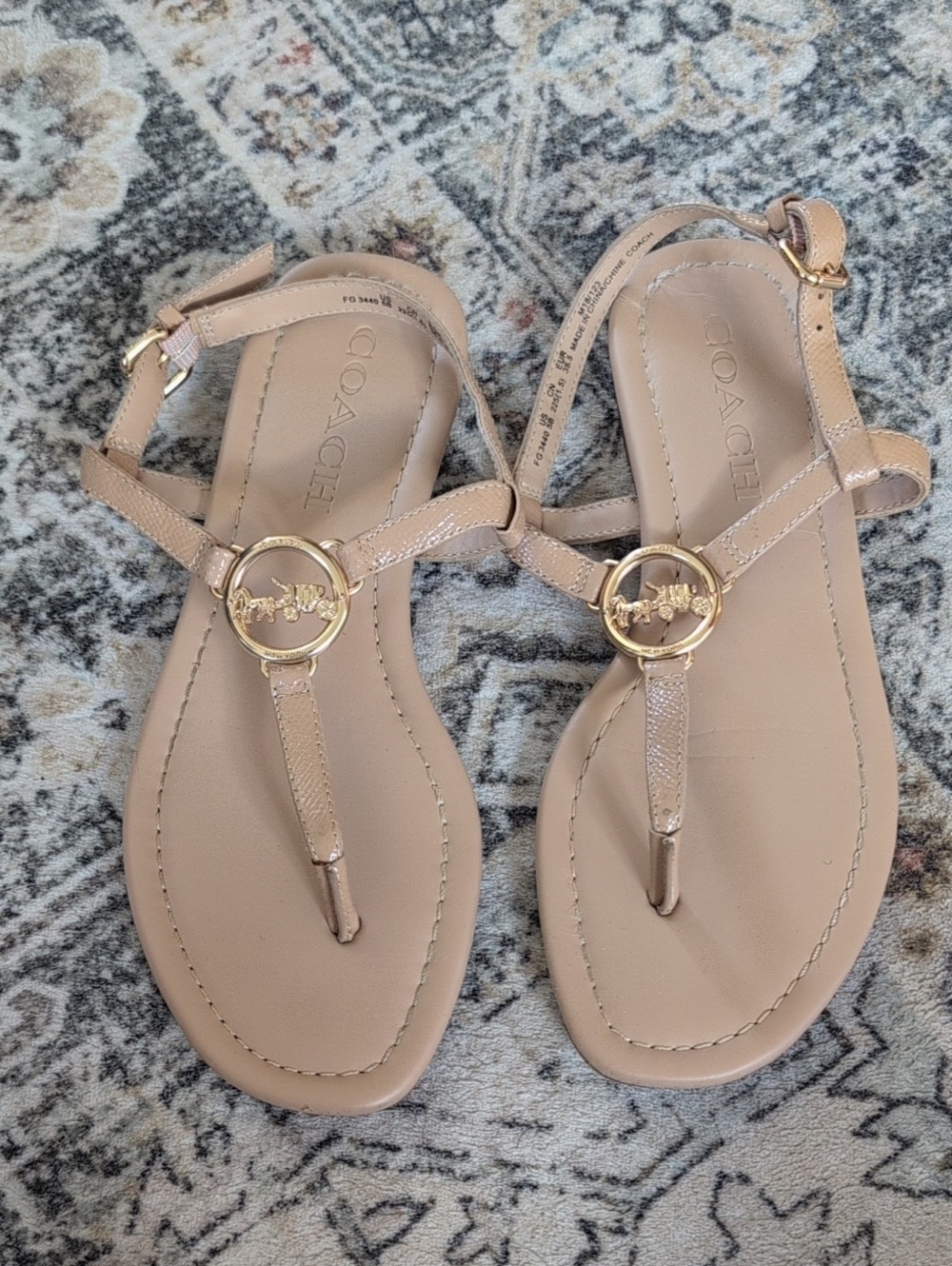 Coach Women's Nude/Tan Logo Thong Sandals with Gold Accents